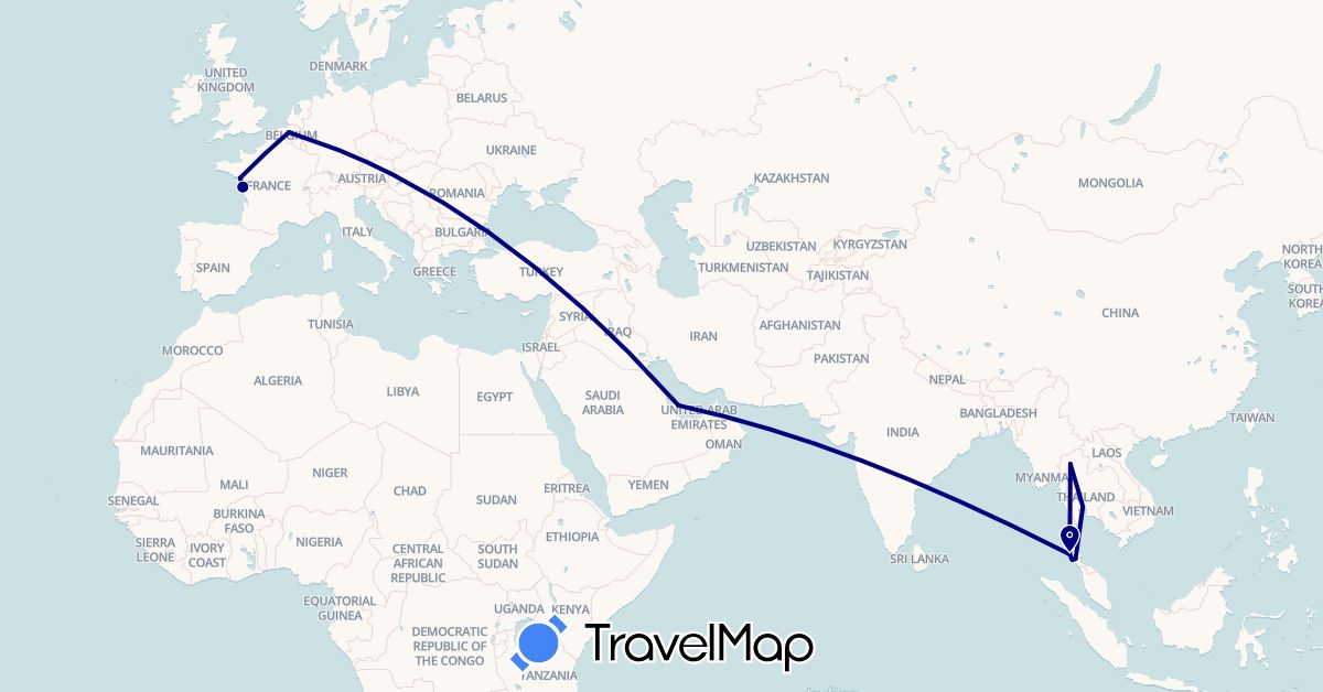 TravelMap itinerary: driving in Belgium, France, Qatar, Thailand (Asia, Europe)